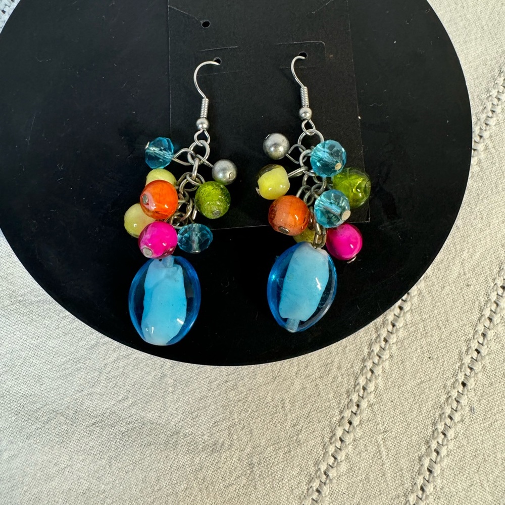 Earrings multi color beads yellow orange pink & with wire hoop